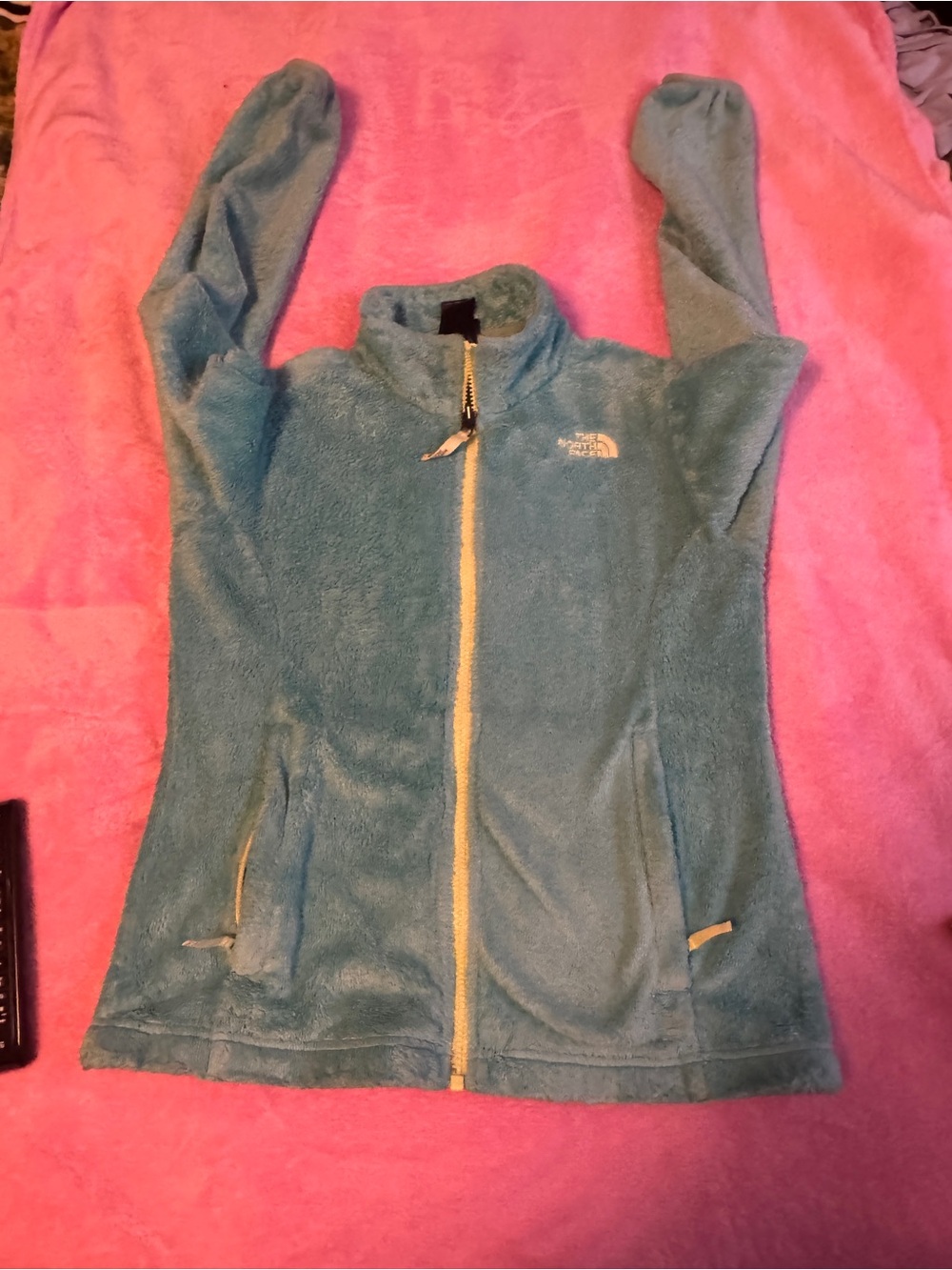 The North Face Teal Zip-Up Teddy Fleece Jacket with Cream Trim
